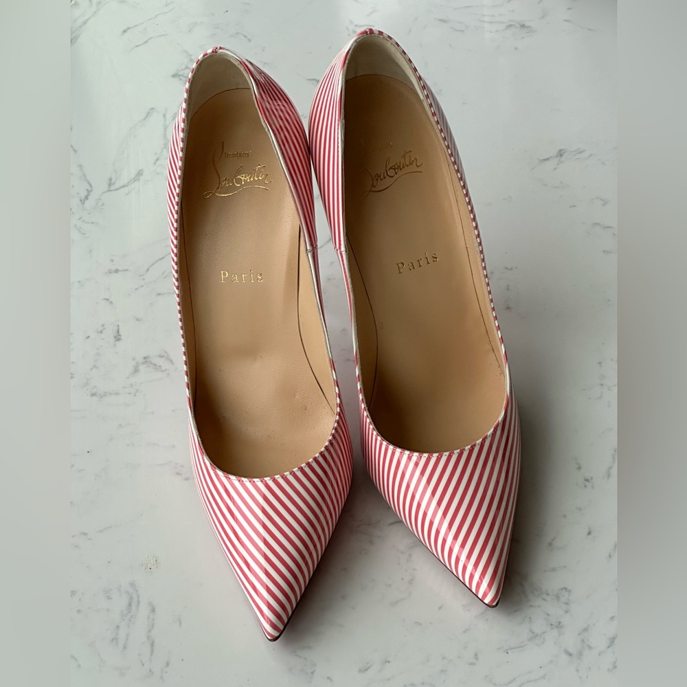 Christian Louboutin So Kate 120 patent leather pink / red stripes heels, size 39